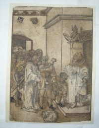Christus Vor Kaiphas, originál Lucas Cranach starší, litografie kolorovaného dřevorytu, r.1509